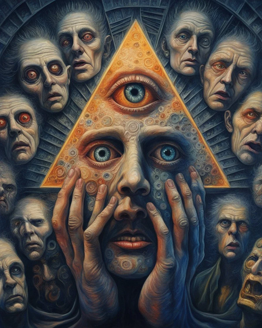 Illuminati is the machine. Faces. Scared man. Group of eyes. Brutalist framework building. People from the deep. H r. Giger machines. Modifiers: Award winning photography oil on canvas dynamic lighting imperial colors quilling Marc Chagall Boris Vallejo Beksiński Stained Glass Horror themed By Dan Witz Stephen Gammell Rosina Wachtmeister Alfred Henry Maurer Inspired by Hope Gangloff oil on canvas