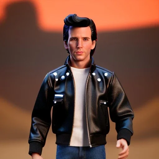 wide view young Plastic Fonzie with black hair greaser toy Action figure doll 1975 (thumbs-up) (face) Forehead grin, fonzarelli, jukebox background, eyes fonzi fonz