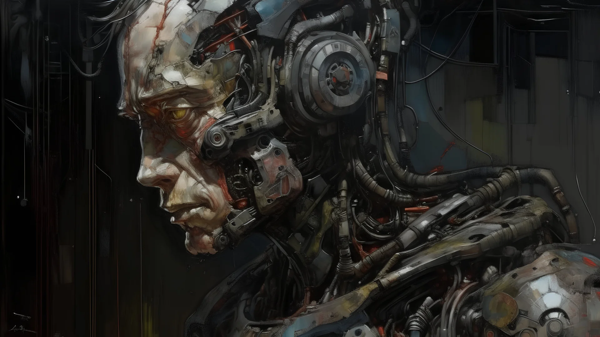 artistic, oil painting, front view, upper body, heavy brushing, science fiction, strange mechanical human, look, Tsutomu Nihei style art, dystopia, horrible, black with chrome, ultra realism, many details, real paint texture