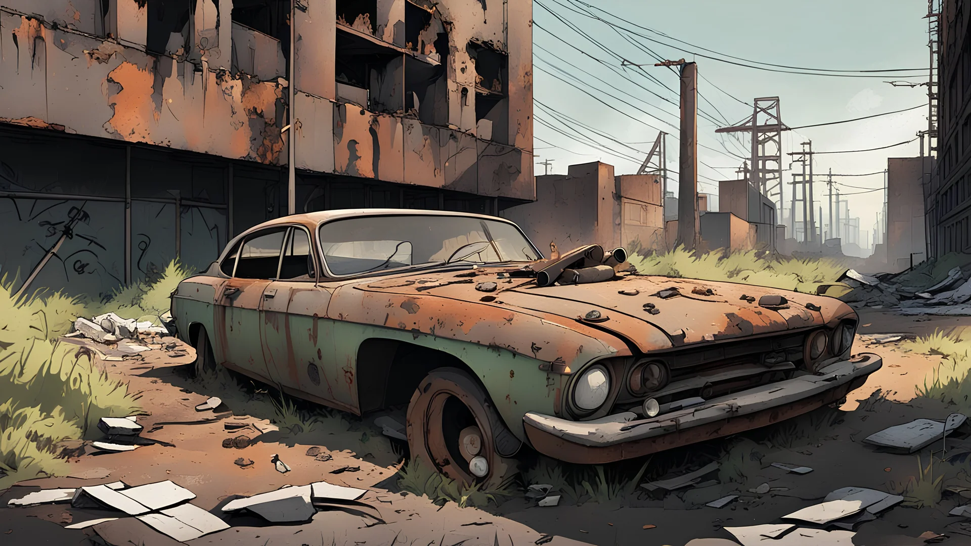 Abandoned city: Ruined buildings, rusted cars, overgrown streets, graffiti, animal tracks, shadow of an abandoned power plant, style: post-apocalyptic, lighting: twilight, color scheme: grey, green, rust, camera: 35mm, perspective: panoramic, detail: high, focus: on rusty car, cartoon, 3d, comic