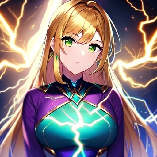 8k, Girl, high quality, detailed, golden hair, green eyes, beautiful lighting, vibrant colors, lightning, purple outfit