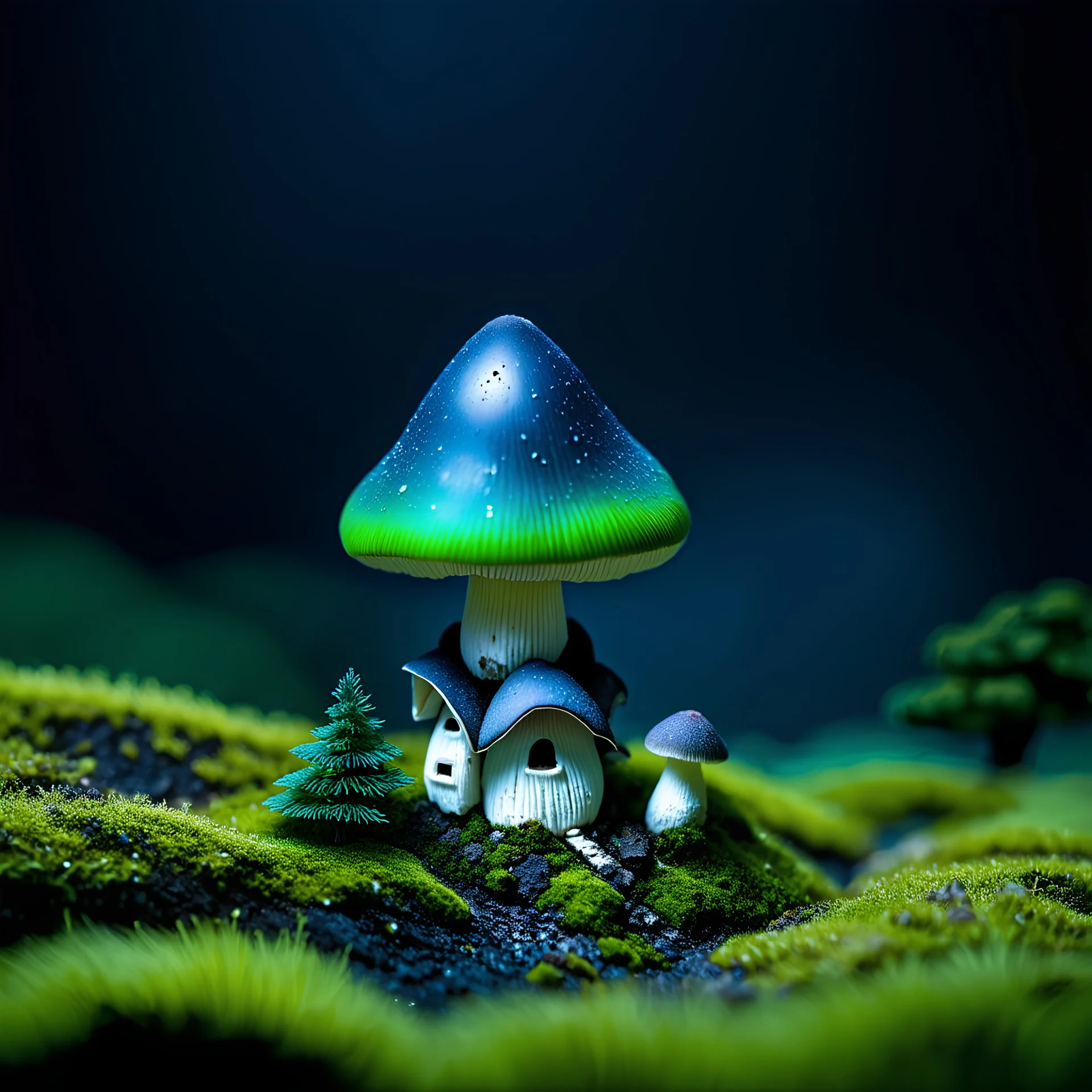 "Close up of a wonderful tiny Mushroom Tower home. indigo and green with bright white, deep black and contrasting tones of gray. Illuminated bioluminescent forest. Professional painter, master at composition. small but detailed. broken, blurred background, voluminous lighting"