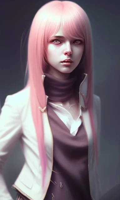 girl, cute, beautiful, pink hair, brown eyes, long hair, bangs, knife in hand, blood on face, by Greg Rutkowski, big boobs, blazer, skirt, yandere