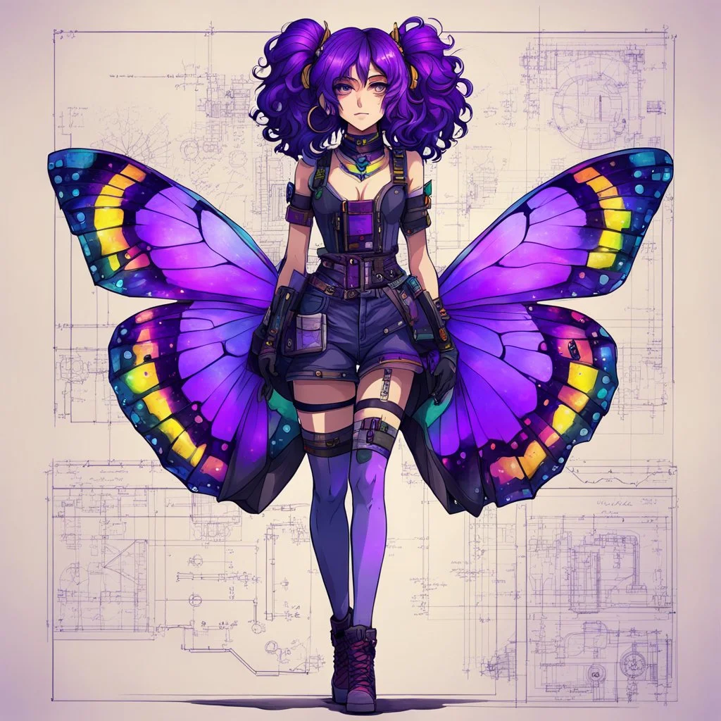 Hand drawn technical,full body portrait illustration , with detailed blueprints and engineering schematics of a walking hybrid Madagascan sunset moth insect girl, purple hair in anime style, with highly detailed facial features, drawings, and technical notation, 8k, vibrant natural colors