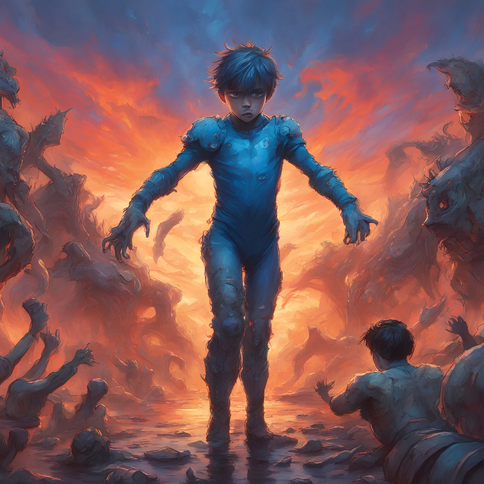 close up view, A courageous boy, clad in a blue leotard, takes center stage. he fearlessly confronts a horde of grotesque slimy abominations in a vibrant post-apocalyptic setting. A fiery sunset paints the sky, casting an otherworldly glow upon the scene.