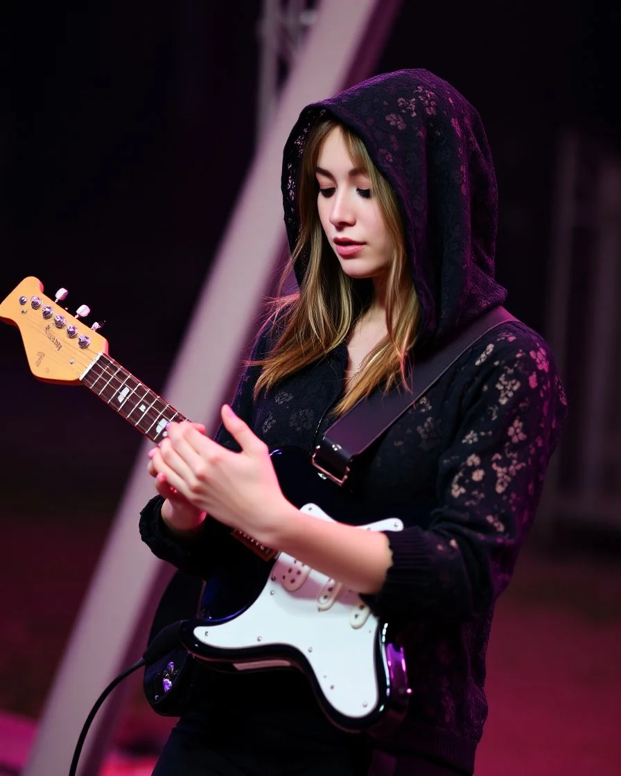 attractive woman(wearing a dark lace hoodie) playing an electric guitar at vertical angle