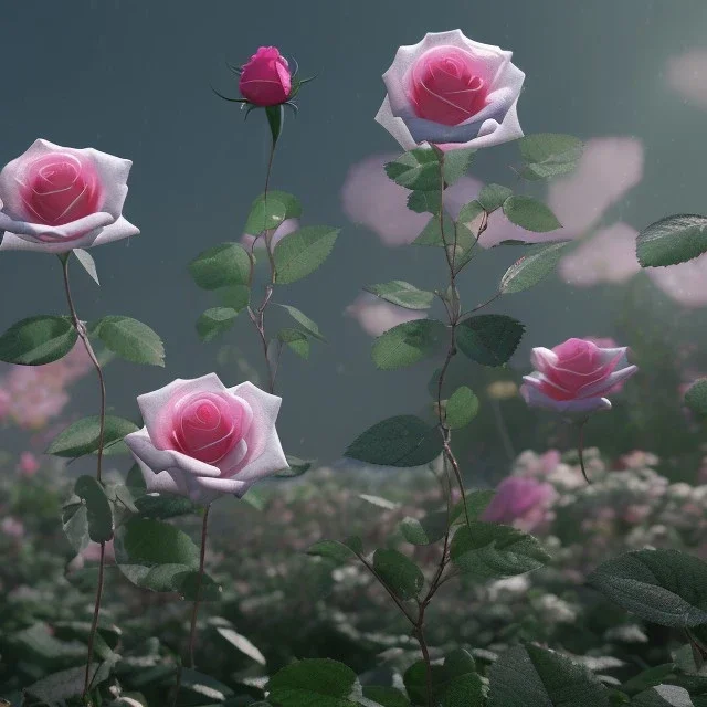 transparent multicolor crystal rose, rose garden, bioluminescent clouds, landscape, mist, detail