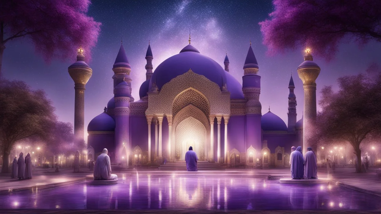 Hyper Realistic men praying outside Beautiful-Decorated-Huge-Purple-Mosque with small-water-fountains & Beautiful-Lightings-Decorations at night with stars on sky & beautiful trees