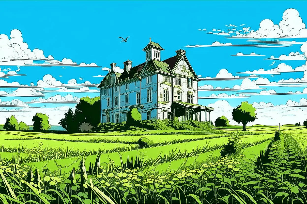 Disused, Victorian Manor House, Blue Sky, Over-Grown Fields, Vector Art