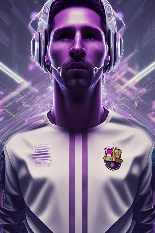 lionel messi style cyberpunk, purple tones, high lighting