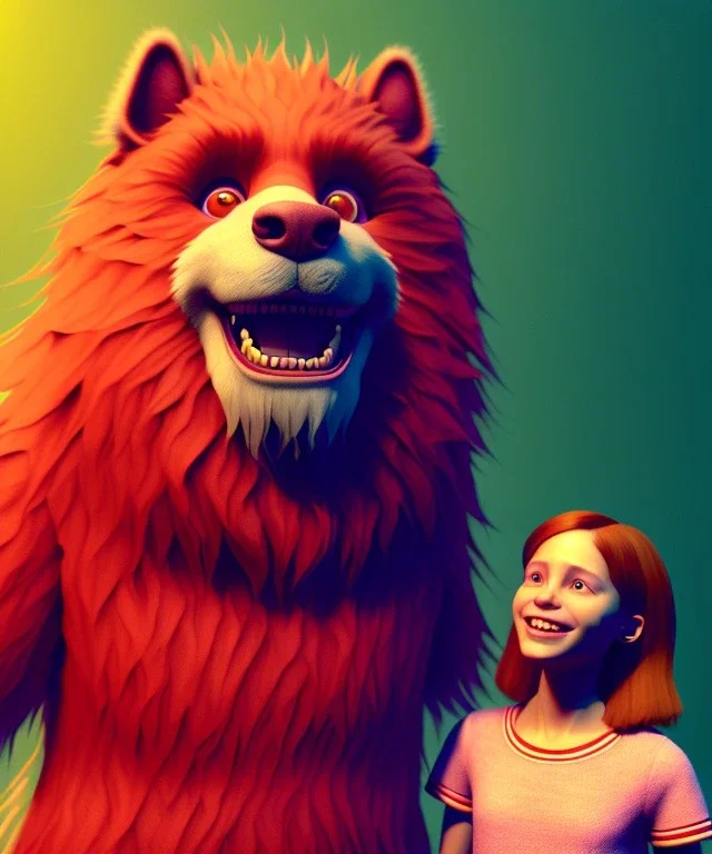 Realistic bedroom scene. big furry monster sitting next to human girl from behind. Wes Anderson style. Red hair, smile, happy, gradient color fog. highly detailed, concept art, unreal engine 5, ray tracing, RTX, lumen lighting, ultra detail, volumetric lighting, 3d, finely drawn, high definition, high resolution.