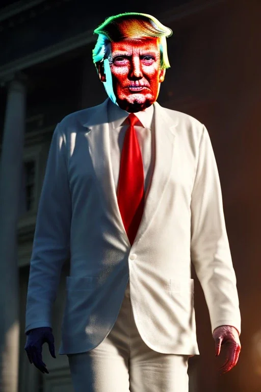 Ultra realistic image, Donald trump zombie, zombie performance, suit, skull, blood, torn arm, night, walking twisted, waist up view, the walking dead style, dark ambient, highly detailed, White House background, concept art, unreal engine 5, ray tracing, RTX, ultra detail, volumetric lighting, high definition, high resolution.