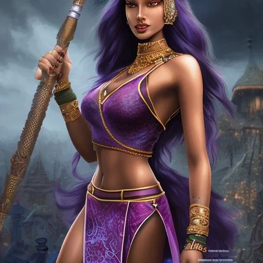 fantasy setting, woman, dark skin, Indian, 20 years old, magician, warrior, hourglass body shape, bicolor hair, muscular, cinematic, Arabian clothes, dark clothes, war clothes, insanely detailed, Arabian style, half-hawk haircut, medieval