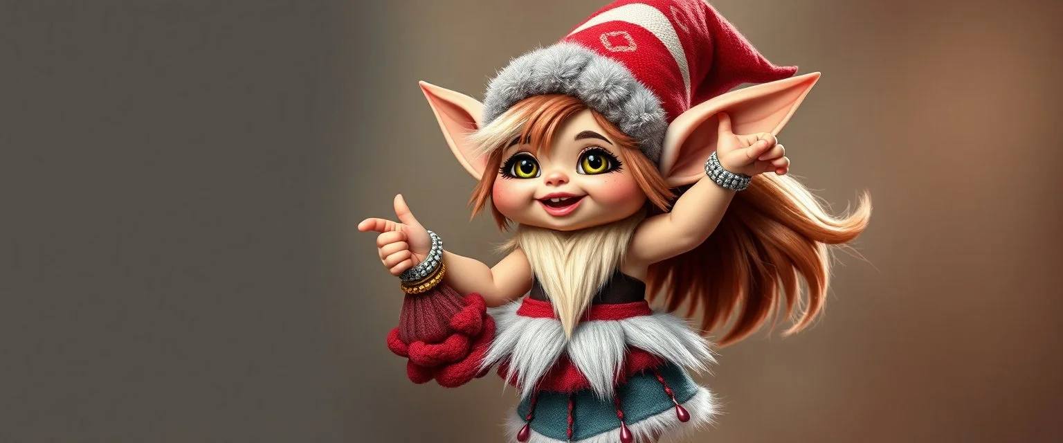 fluffy cute gremlin gnome cheerleader doing her thing full body portrait