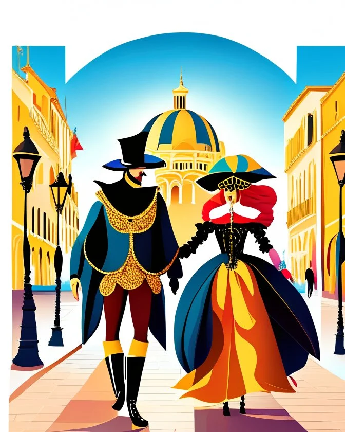 Pareja hombre y mujer con disfraz en el carnaval de Venezia caminando por Venezia mascara vestido hasta el suelo pantalones gráfica vectorial 2d detallada cielo claro soleado