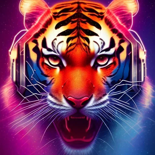 A master portrait of a cyborg tiger red neon color scheme, high key lighting, volumetric light high details psychedelic background