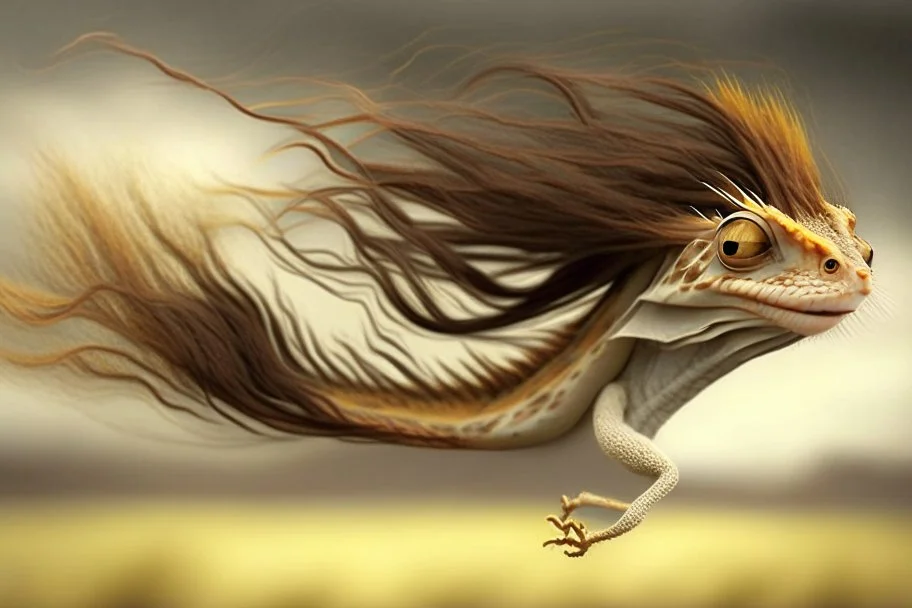 gecko with long brown hair in the wind