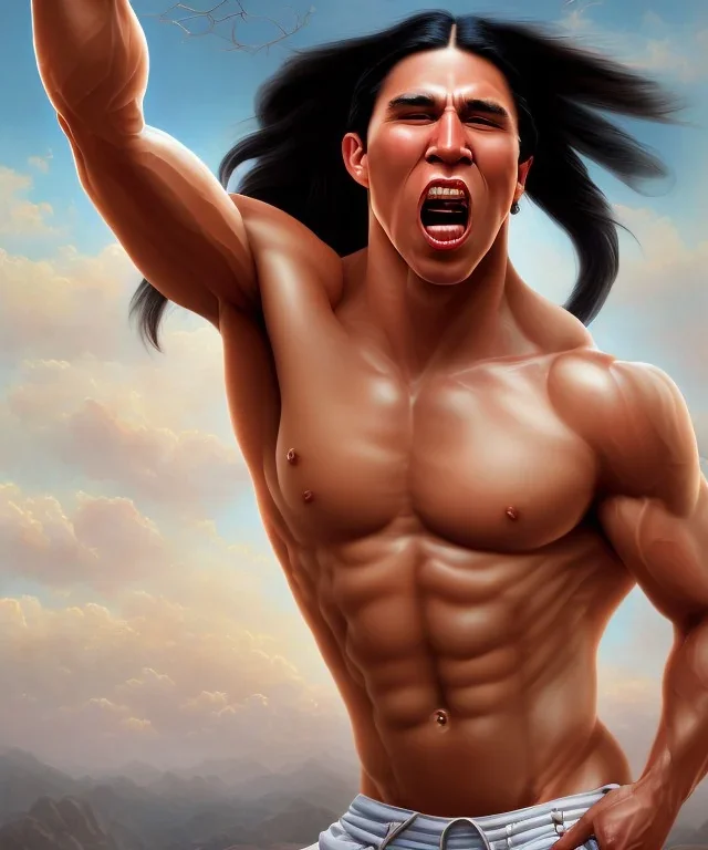 native american warrior, long black hair, big muscles, face up, mouth wide open, scream face, shirtless, looking to the sky