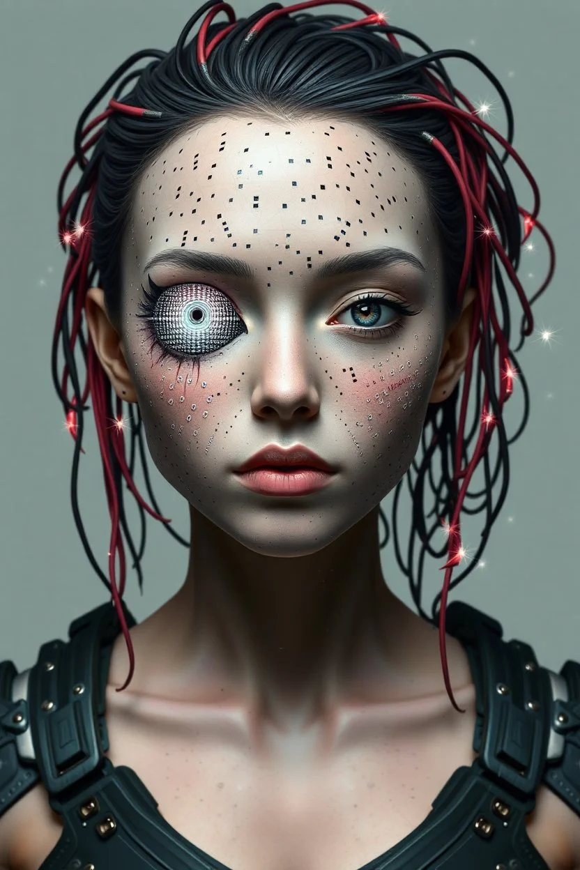 Face Shape: Glitched and polygonal—flickers between perfect symmetry and broken geometry. • Skin: Covered in pixel-like holes and corrupted data patches that flash white noise. • Eyes: One large eye that flickers like a corrupted camera lens. Bleeds binary code. • Hair: Flickering cables that spark when touched, or dissolve into numbers. • Outfit: Broken digital armor, like an unfinished VR avatar—parts are missing or out of sync.