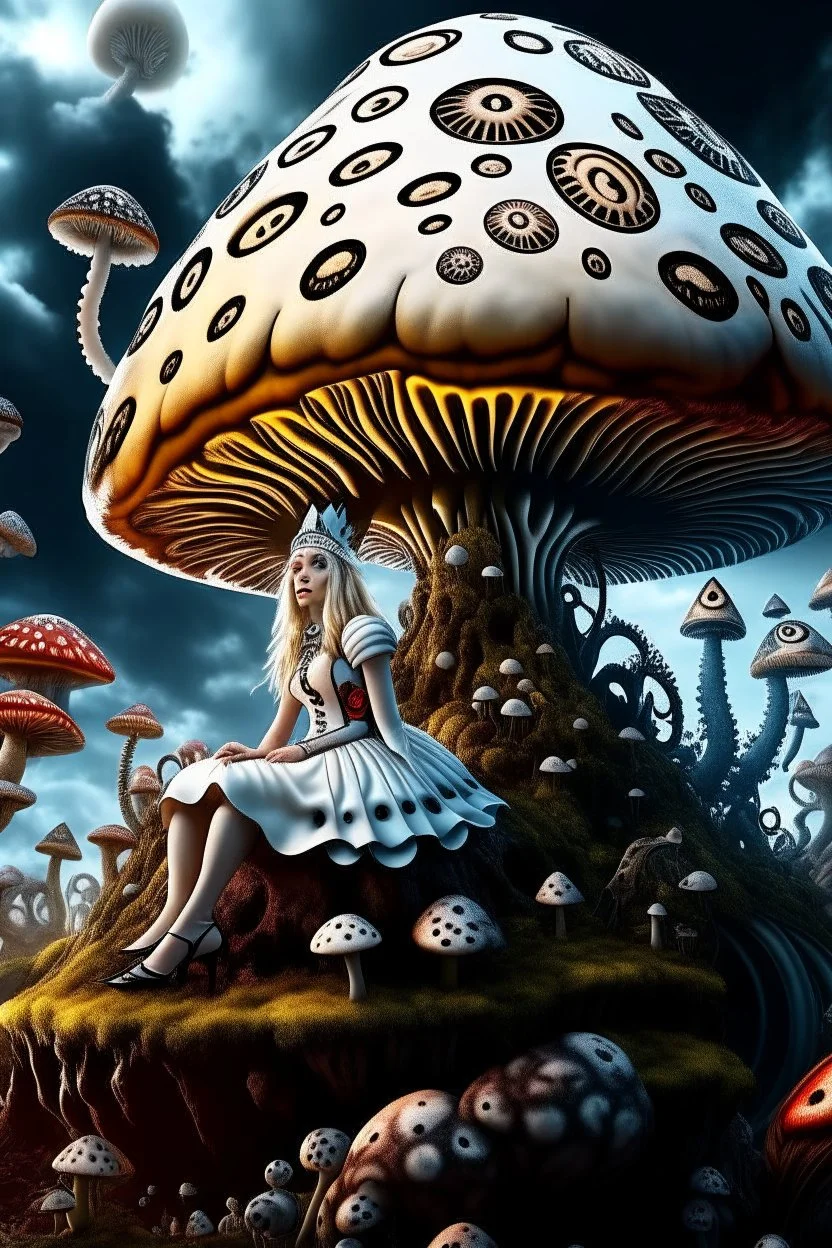 Alice in Wonderland, in a space suit, sitting on a huge mushroom, with tentacles hanging down, in an alien landscape