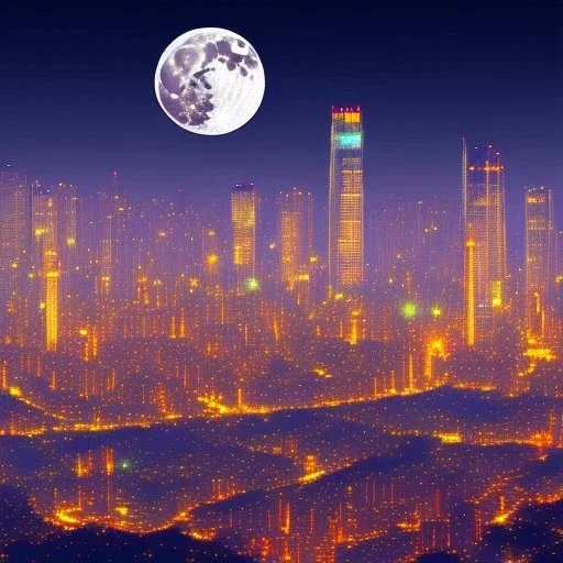 There is a full moon over the tall buildings in Seoul, night scene.