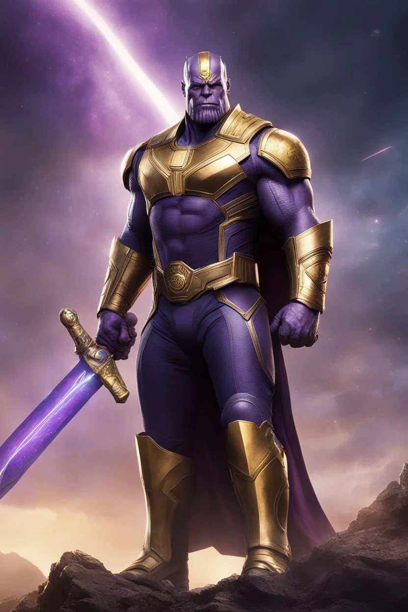 Thanos, the commander of the army of aliens and the king of the entire galaxy, is ready to go on a campaign with his two large swords, his very beautiful and impenetrable armor with his golden helmet, standing on top of a hill with his sword with infinity gauntlet