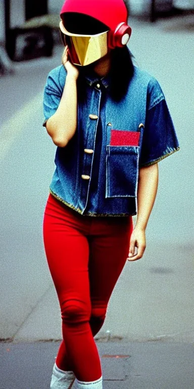 Asian, modern, beautiful woman, street, thick thigh, thick calves. Style futurism, 1996, daft punk, rough street style,asa akira.Mantle is sewed of recycled Denim and sewed together red felt pieces.Big headphones, with gold rings, is merged with small felt cap with small visor. A bag is integrated to the mantle. Big camouflage Patterns are composed of orange, cream, blue, lilac and purple. blue latex. It is with big bright purple felt tippet and cream-colored-hood. tippet