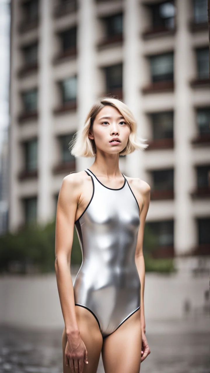 beautiful anorexic asian girl, total shot, shiny silver triathlon swimsuit, short blond wavy bob hair, blurred city background