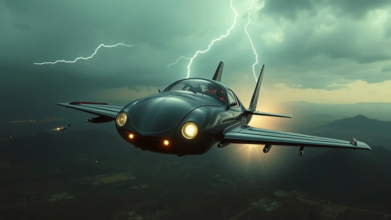 a high definition screen shot of a jet-fighter vw-beetle, retrofuturistic, phototrealism, in flight, one subject, thunderstormncc 1701 enterprise Macabre Rapture End of days Revelation scene,