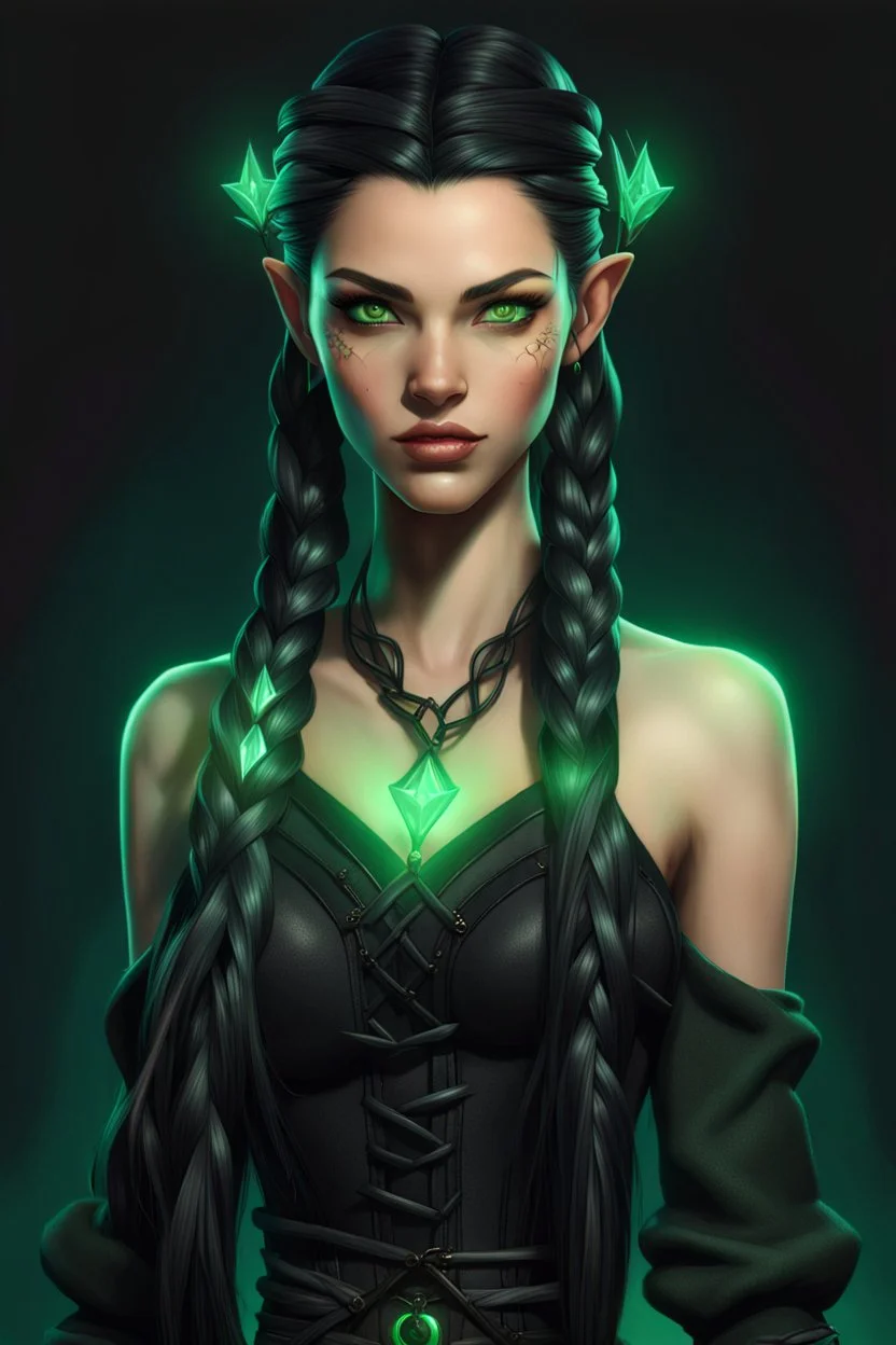 Young beautiful female Hexblood warlock character. Lightly tanned skin. Long straight jet-black hair to the waist. Half-up hairstyle with two loose Dutch braids on each side. Bright glowing pale emerald-green eyes. Delicate face. High cheekbones. Full lips. Soft smile. Slightly pointed ears. Faint dark vine-like markings on neck and collarbone. Realistic dark fantasy. Highly detailed. Cinematic lighting.