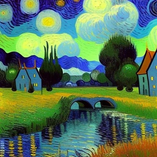 Dibujo al oleo de una pradera con una casa y un rio con muchas nubes de colores estilo Vincent van Gogh