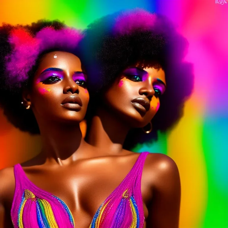 masterpiece, best quality, woman, dark skinned, sparkling eyes, fluorescent skin, colorful makeup, afro, highly detailed body, sun light, 4K, RAW, depth of field, high contrast, realistic details, 24mm