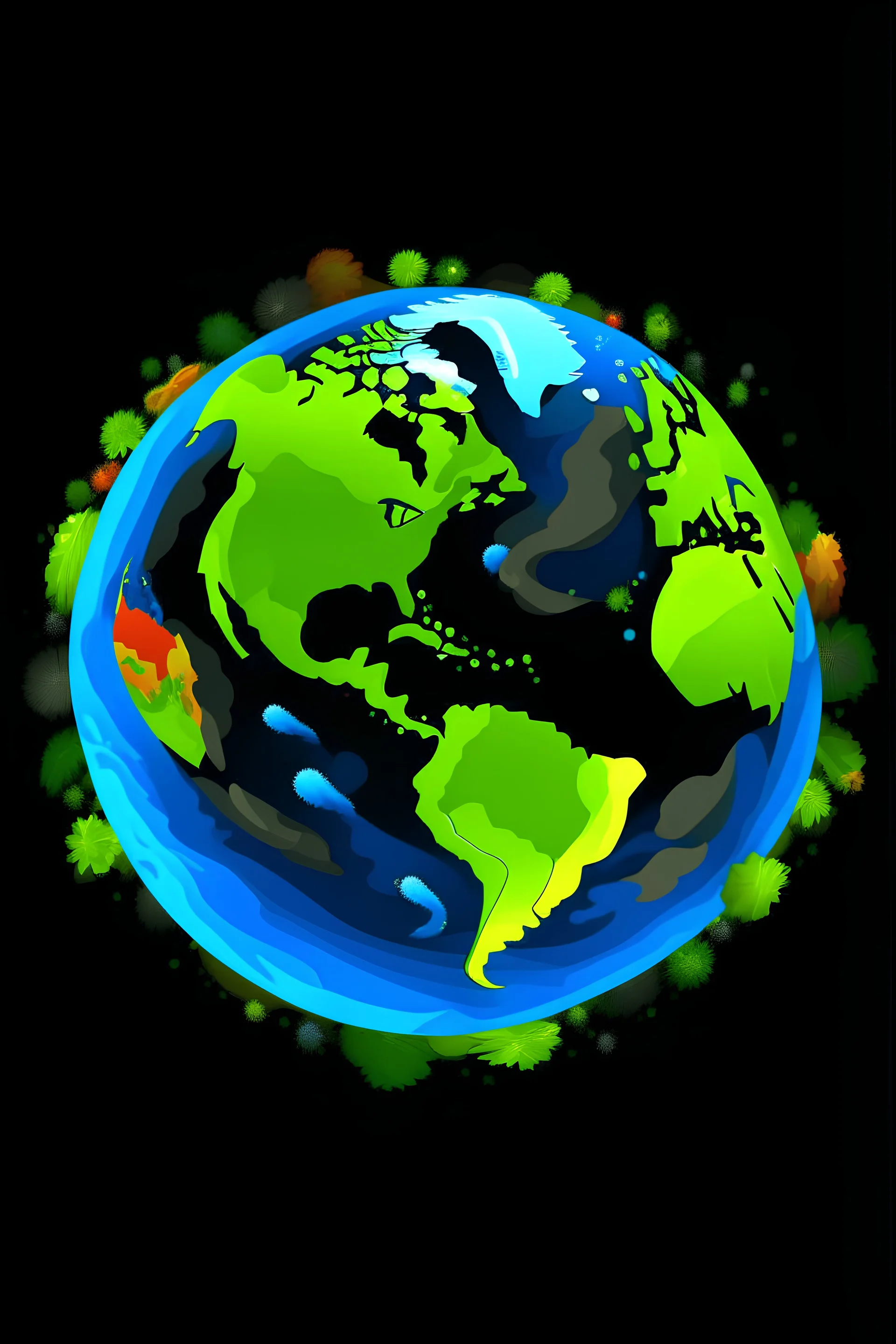 Could you please create a caligram of the Earth with the continents clearly visible, incorporating the fourth sentence: 'On Earth Day and every day, let's strive for a greener, cleaner world.'? Please adjust the text to fit the specified shape, and use vibrant colors with a legible font. Additionally, could you set it against a black background for contrast?