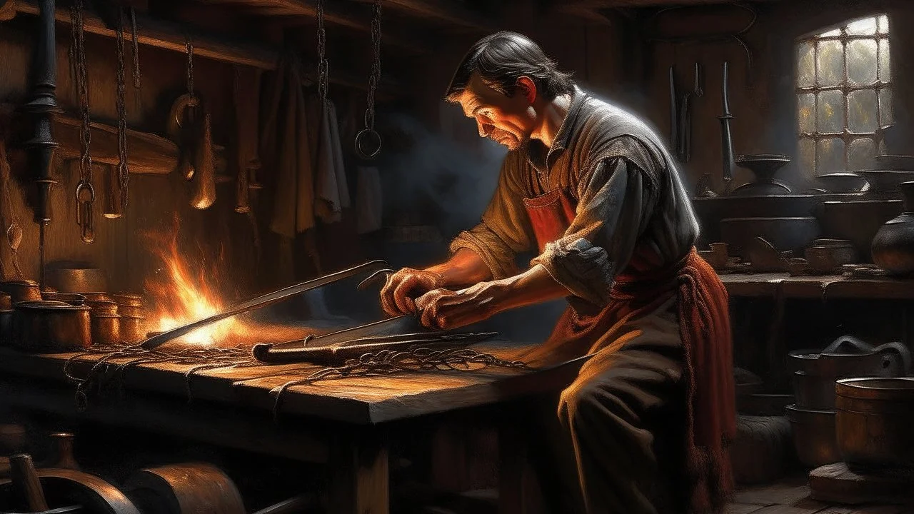 A realistic oil painting depicting a blacksmith forging a sword in a dimly lit workshop, sparks flying from the red-hot metal. The scene is filled with intricate details of the tools and equipment used by the blacksmith. The overall atmosphere is intense and focused, capturing the skill and craftsmanship involved in the ancient art of blacksmithing.