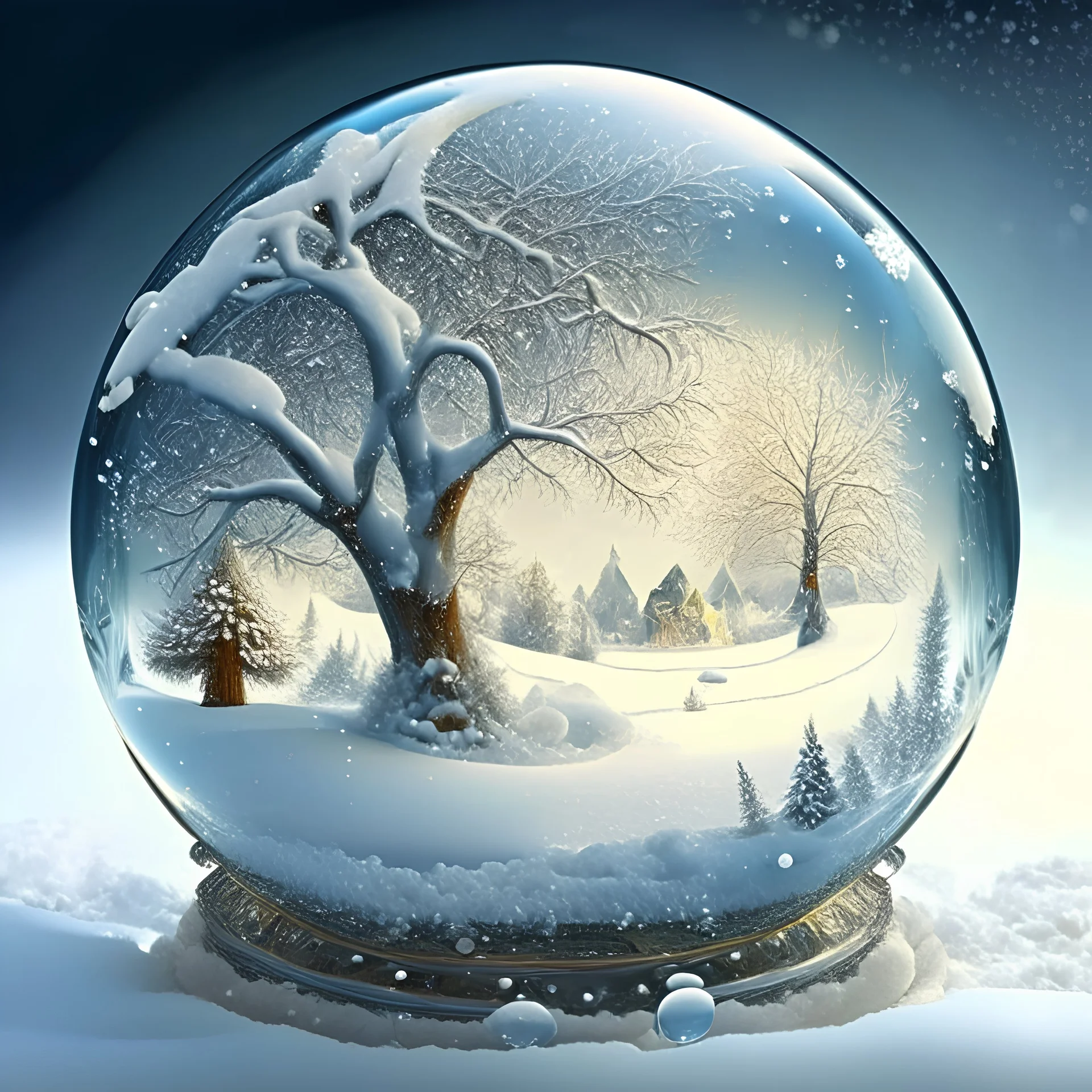 beautiful winter splendor, intricately decorated, in the middle there is a large transparent ice ball and inside the ball there is a beautiful, majestic spring panorama