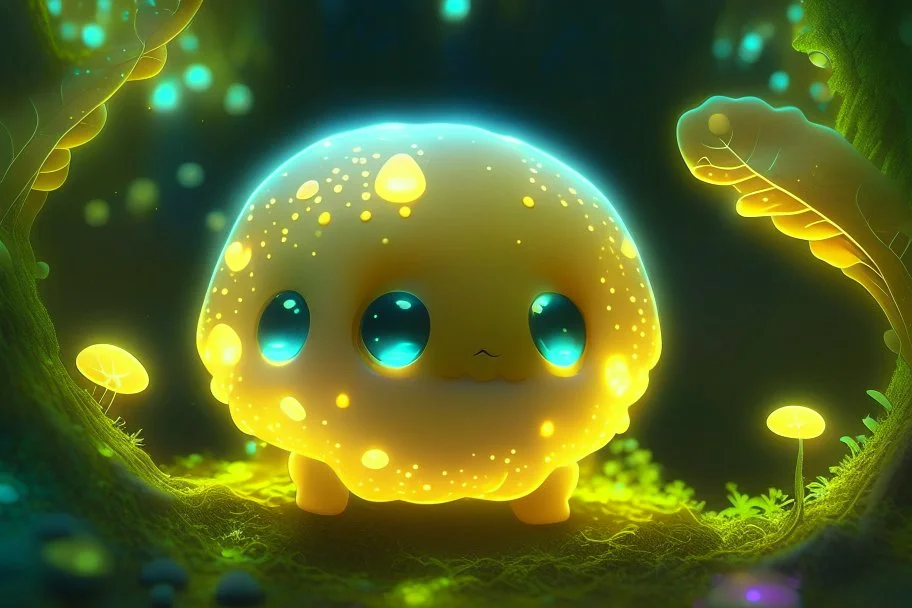 cute chibi slime radiant golden glow in mystical bioluminescent forest , highly detailed , cute facial features , 3D reflections