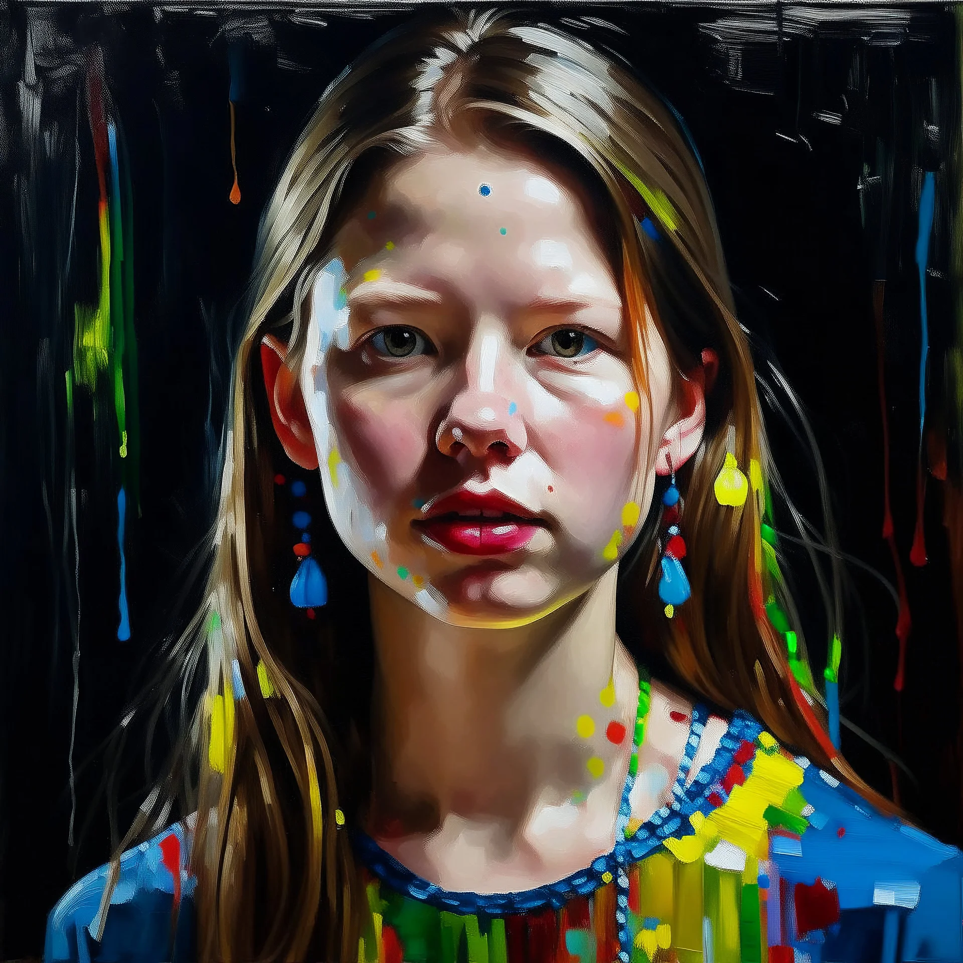 Portrait of actress Mia goth wearing a candy necklace, palette knife painting g