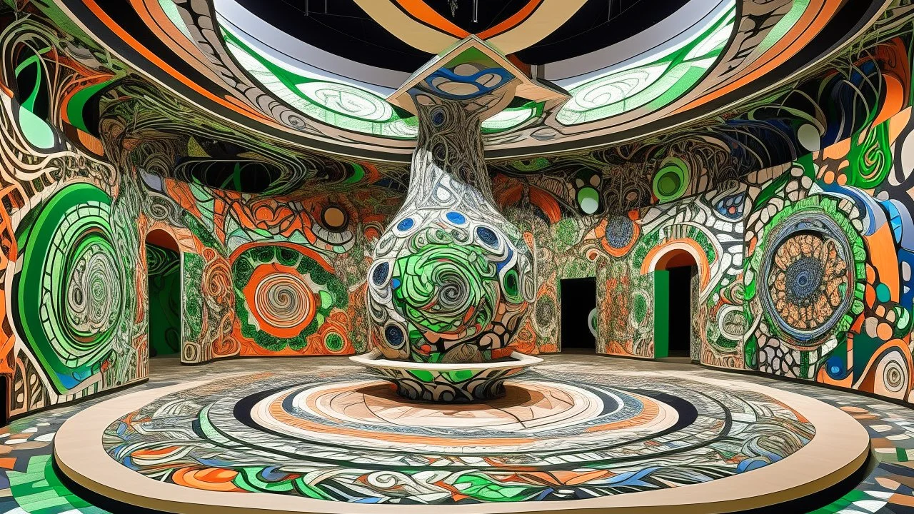 Una enorme instalación abstracta ocupa una plaza urbana, formada por patrones geométricos entrelazados, círculos concéntricos, líneas ondulantes y formas florales repetitivas que cubren muros, suelo y mobiliario. En el centro, una estructura escultórica parece crecer como una planta artificial. Arte psicodélico contemporáneo, grafismo exuberante, repetición modular, ornamentación hipnótica, colores intensos y contrastados, superficies planas, composición envolvente, energía visual máxima, sensac