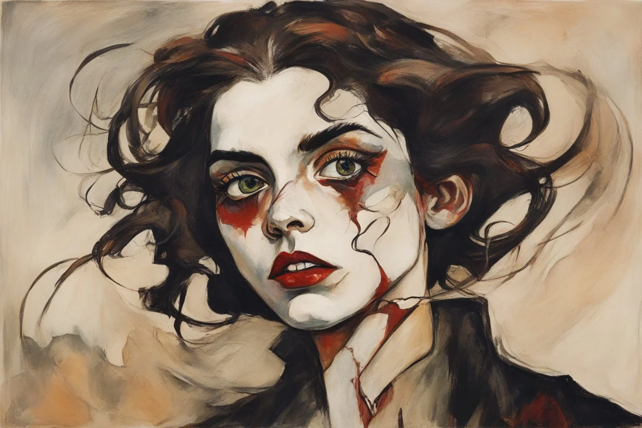 Painting of a vampire girl, in the Expressionist style of Egon Schiele, Oskar Kokoschka, and Franz Marc, in muted natural colors