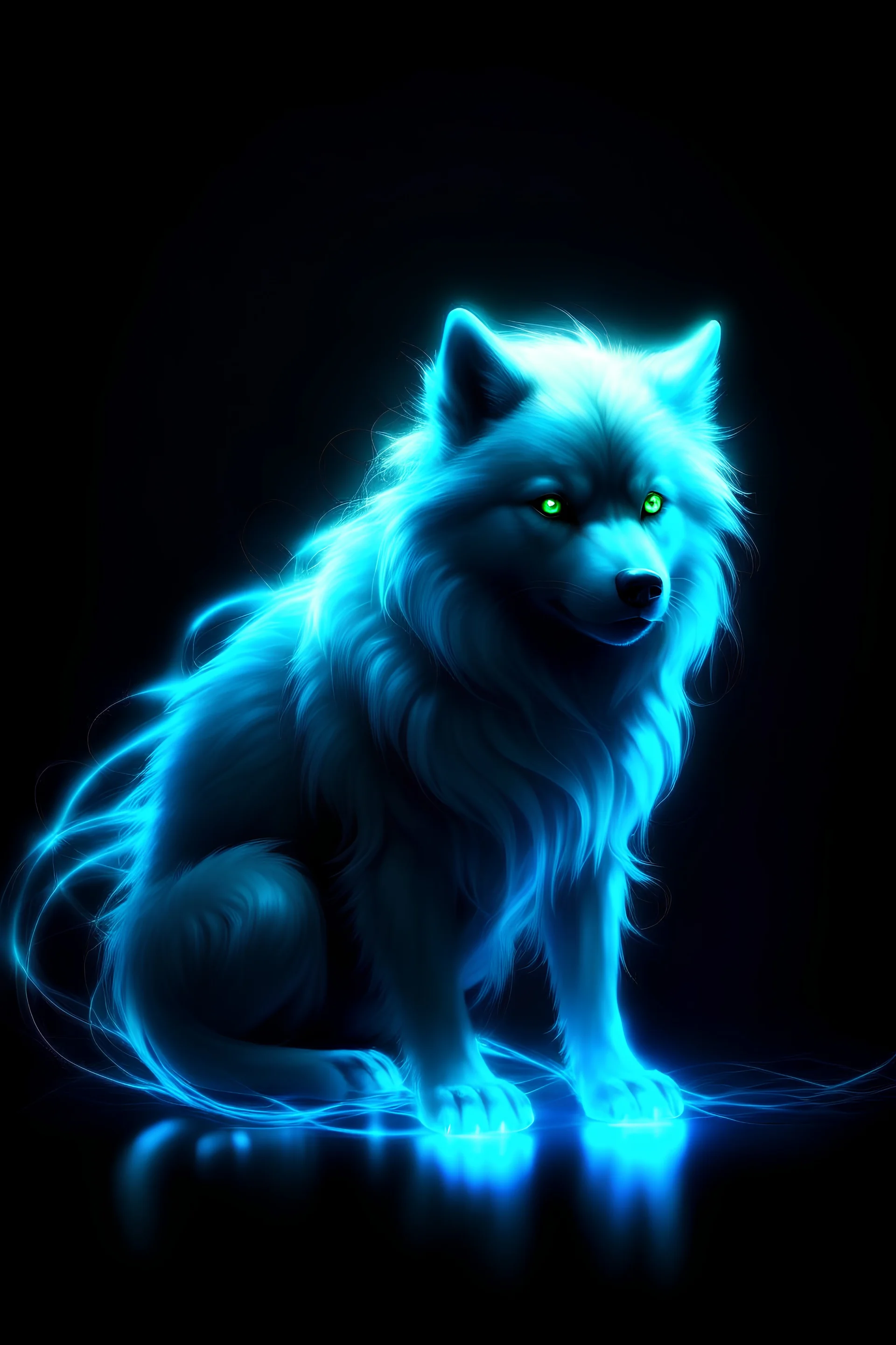 Super cool glowing ghostly canine with mencaing glowing eyes In a dark room. It sits alone staring straightly and deeply at us, it has a painted-anime style.