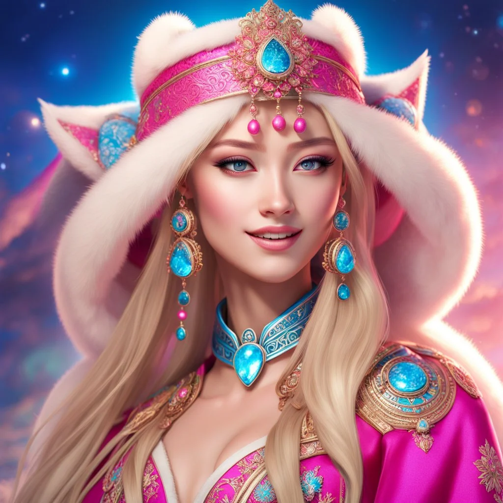 (masterpiece, best quality, 8k, RAW photo, beautiful and aesthetic:1.2), complex detail, Indirect light, photorealistic, (((full body))), 2 Gorgeous Cosmic russian asian goddess smiling, long curved blonde hair, blue eyes, Mixed, sci-fi and traditional russian outfit with pink velvet and white furs and chapka, a colorfull Sci-Fi environment