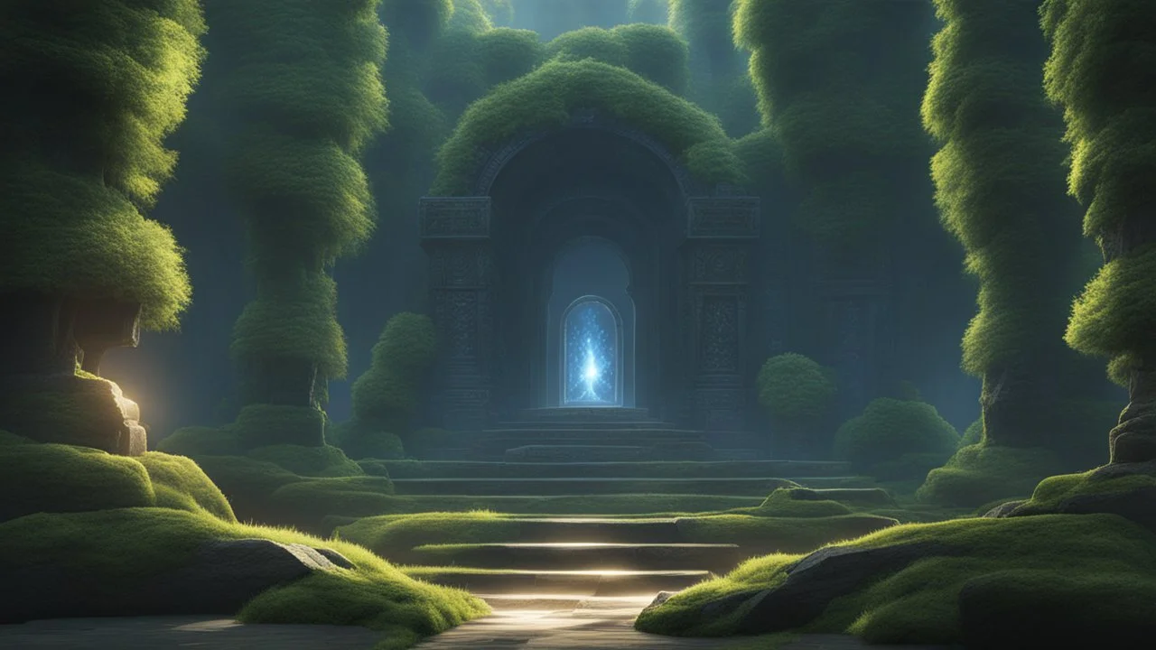 an infinite portal to another world. magic light. stone golems. dense forrest.