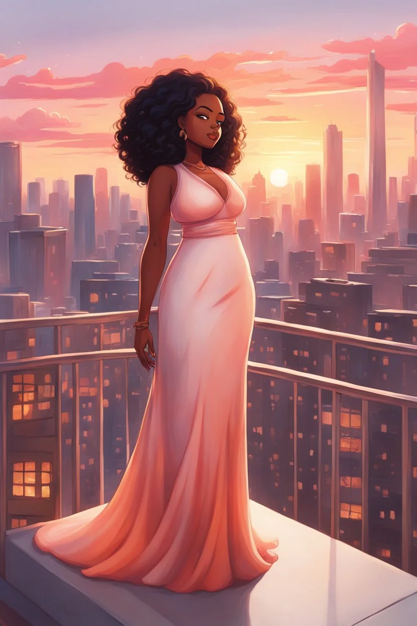 The scene opens onto a serene balcony overlooking a bustling city skyline. The sky above is painted in soft hues of orange and pink as the sun begins its descent, casting a warm glow over everything it touches. In the foreground stands a captivating figure, airbrush chibi cartoon curvy black woman exuding confidence and elegance. She is adorned in a flowing white knit maxi dress that hugs her curves in all the right places, accentuating her silhouette. Her choice of footwear is equally stunning