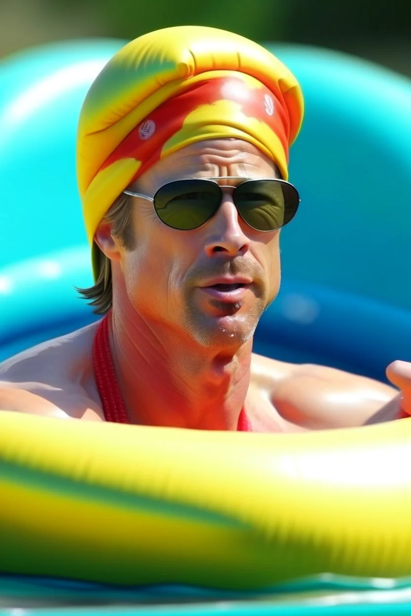 brad pitt sitting in donut swim ring with goggles and a bathing cap on