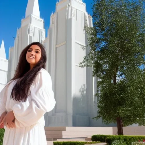 A Latina young woman in a dress in front of a Mormon temple in sunshine in the style of DaVinci