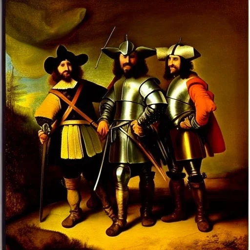 oil portrait of The Three Musketeers and d'artagnan with armor by Rembrandt 8k