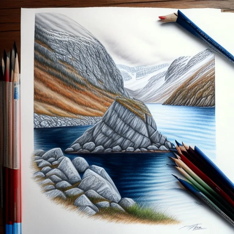 Colored pencil drawing. Norwegian lancscape. Realistic, professional. no background, white paper.