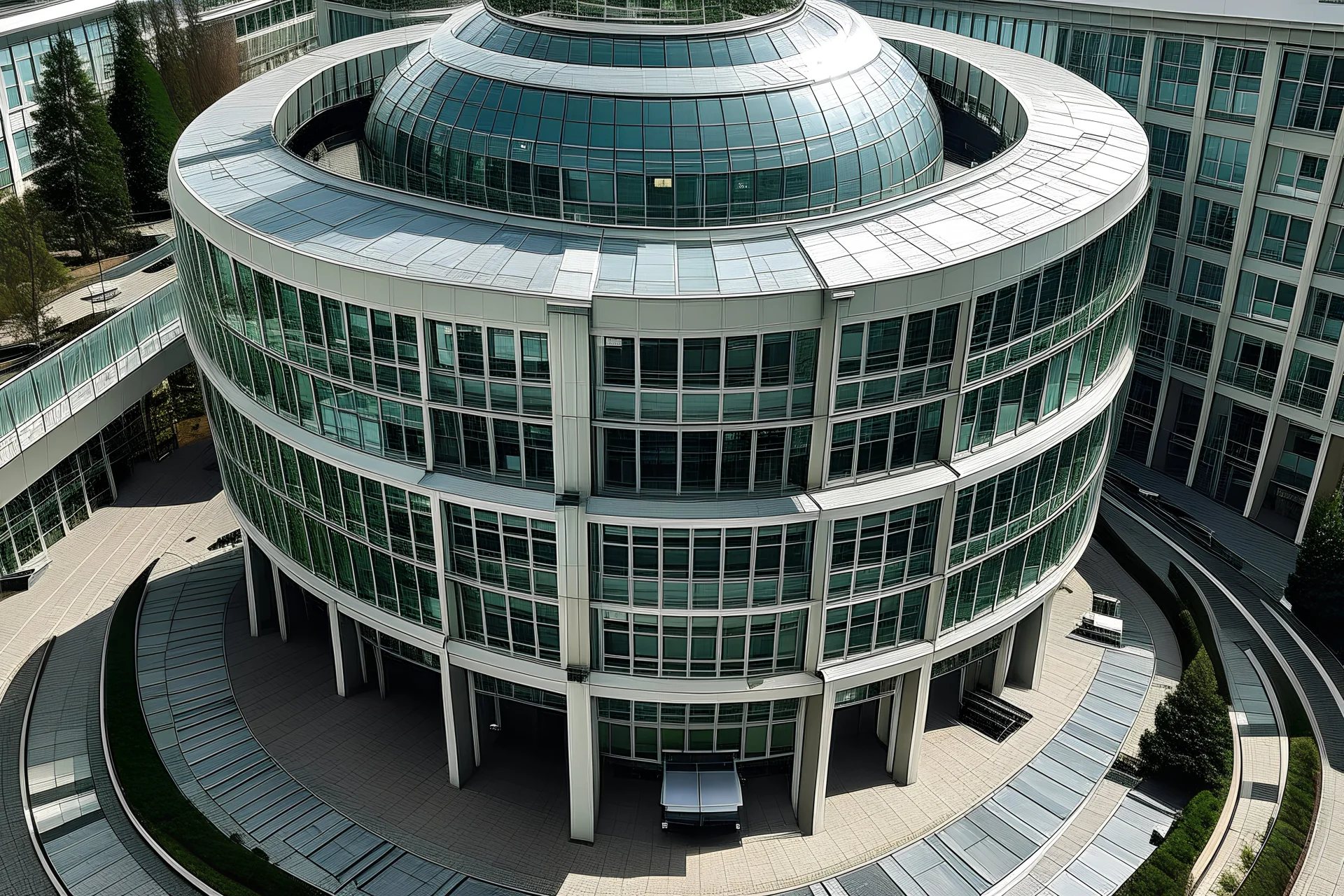 A semi-circular building with only 2 levels, in a 30-degree perspective in aerial view, where floor-to-ceiling windows on the second floor and glass finishes can be seen.