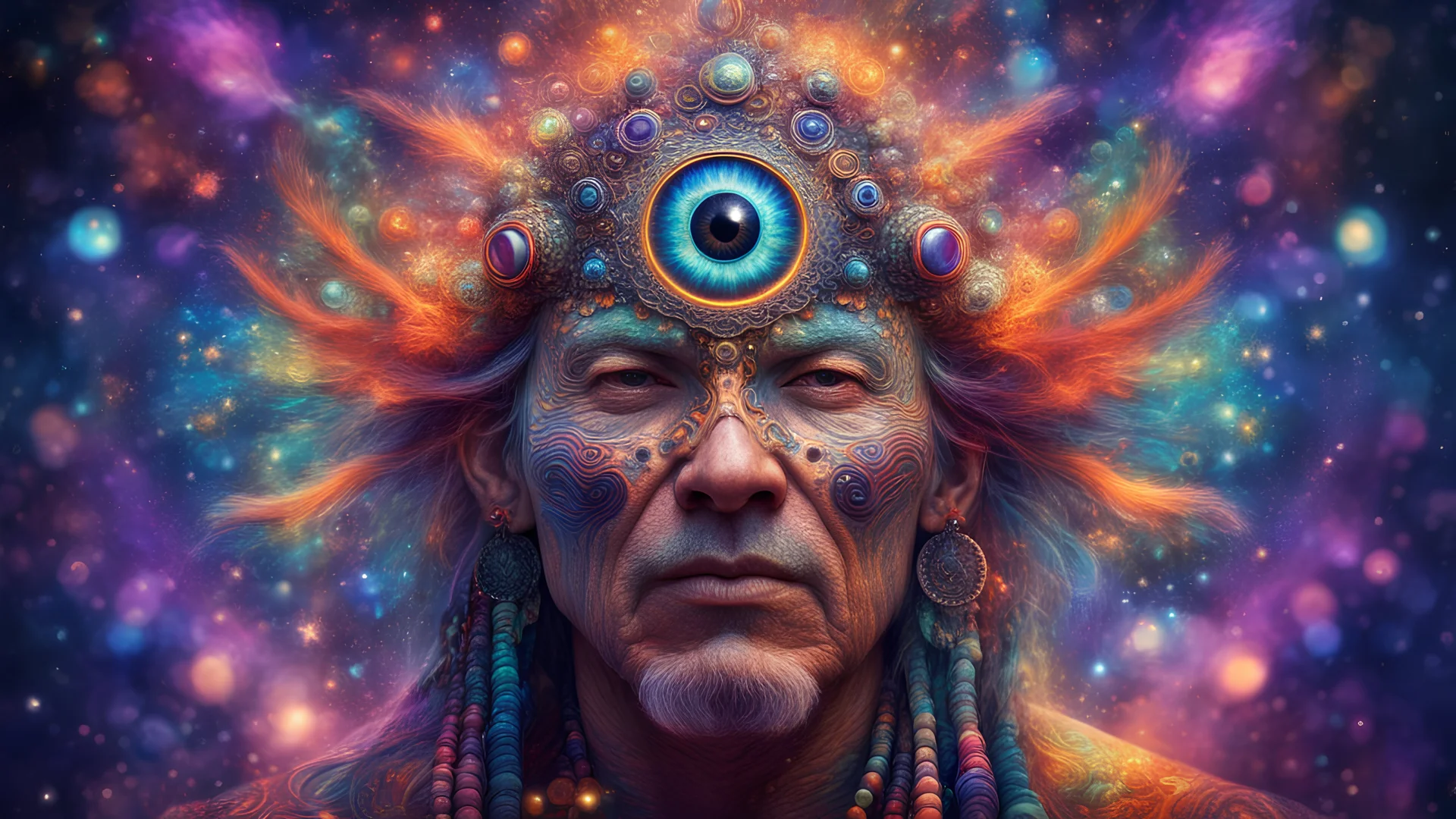 shaman with open 3rd eye Colourful 8k Resolution Beautiful Polished Magnificent Hyperdetailed Beautiful Complex Cosmic Detailed Fantastical Smooth Beautiful Colorful Complex Cosmic Detailed deep color psychedelic bokeh