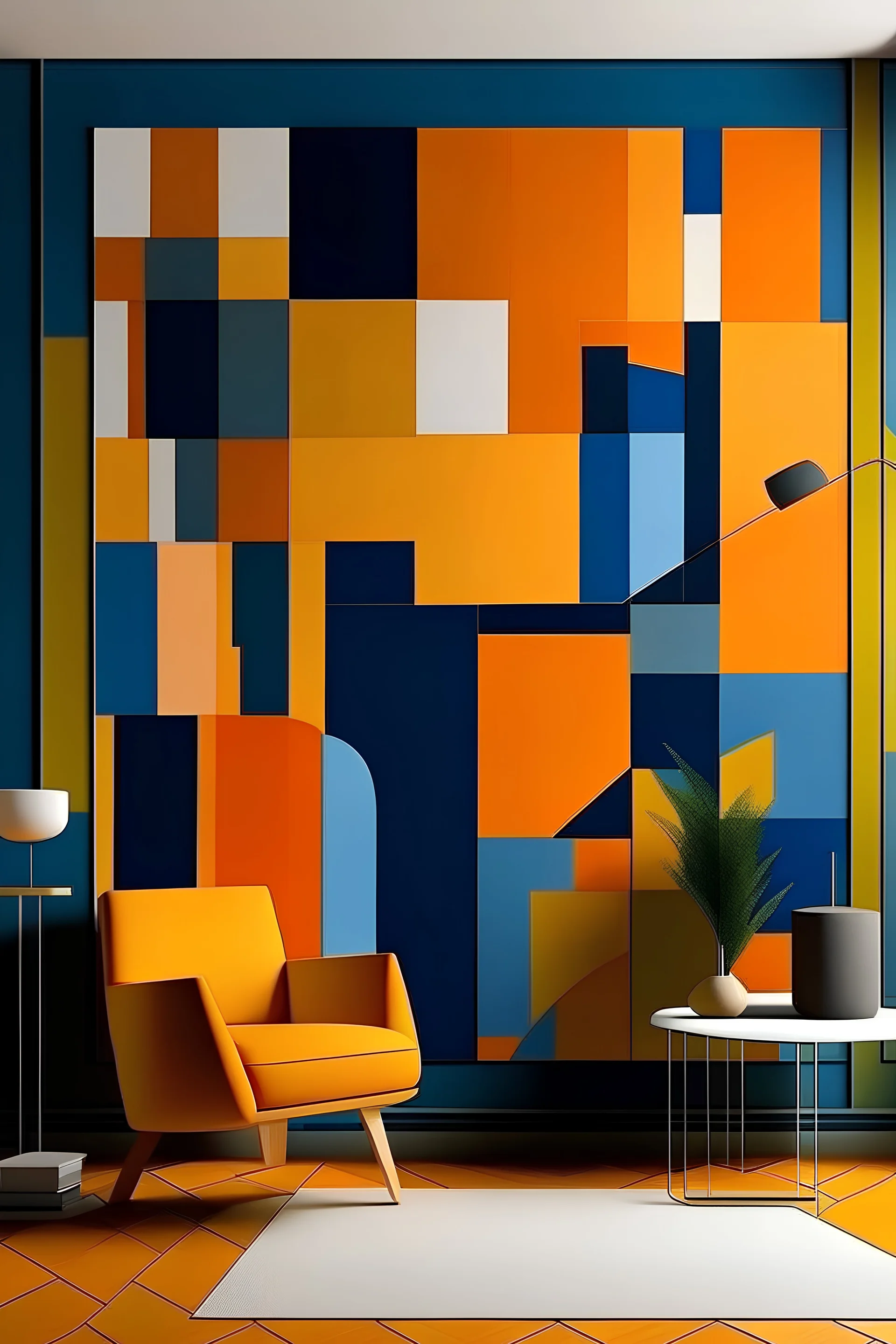 Create a handpainted WALL mural Embrace the cubist art movement by arranging squares in a fragmented and abstract manner. Use a diverse palette to evoke a sense of creativity and energy. Color Palette: Sunset orange, cobalt blue, forest green, mustard yellow.